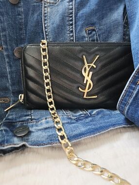 Authentic YSL Cassandre Matelasse Zip Long Wallet Chevron WOC Clutch Crossbody‎